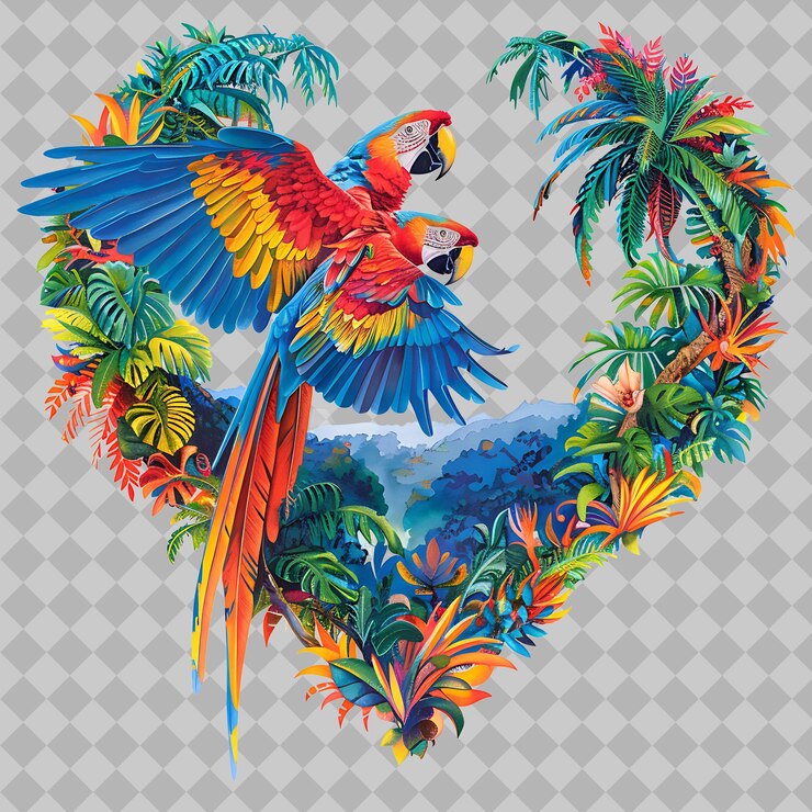 PSD un corazón con un loro en él y palmeras en el fondo