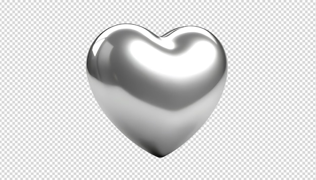 Corazón metálico plateado sobre un fondo transparente