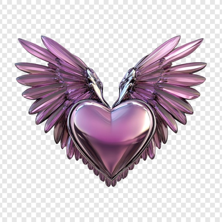 PSD corazón metálico púrpura con alas símbolo de amor angelical