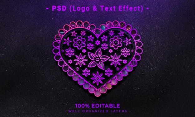 PSD un corazón morado con las palabras psd (logotipo y efecto de texto)