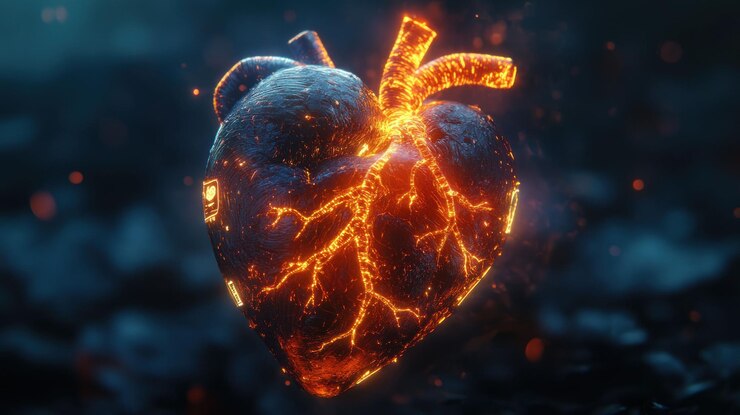 PSD corazón de piedra ardiente con venas brillantes fondo oscuro