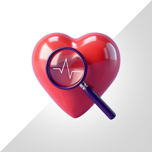 Corazón rojo en 3d con línea de pulso con lupa aislada sobre un fondo transparente