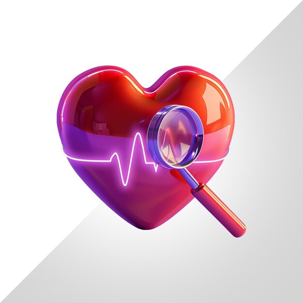 Corazón rojo en 3d con línea de pulso con lupa aislada sobre un fondo transparente