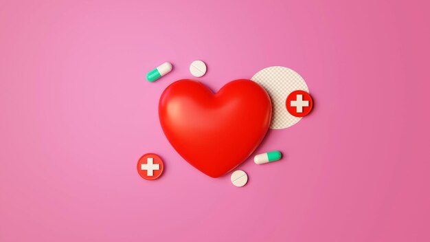 PSD un corazón rojo con una cruz blanca y una pastilla en el medio.