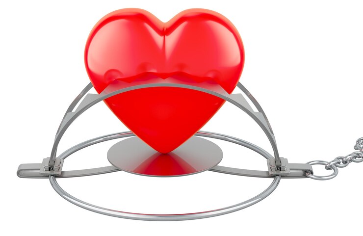PSD corazón rojo dentro de la trampa de osos renderizado en 3d aislado sobre un fondo transparente