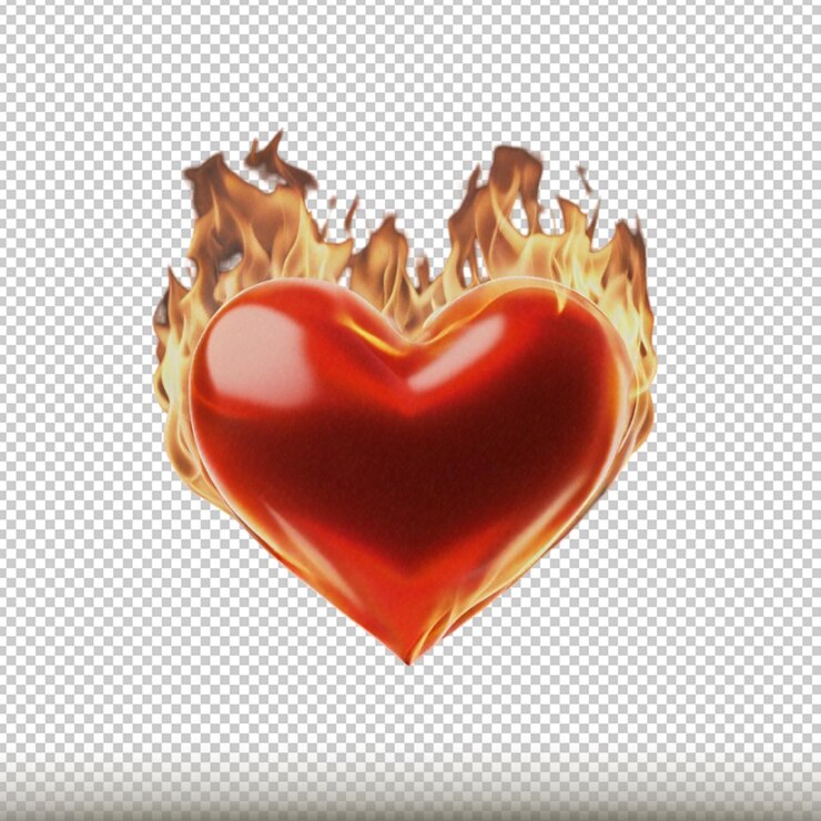 PSD corazón rojo fuego forma de amor aislado en fondo transparente
