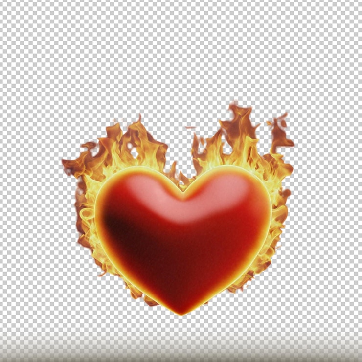 PSD corazón rojo fuego forma de amor aislado en fondo transparente