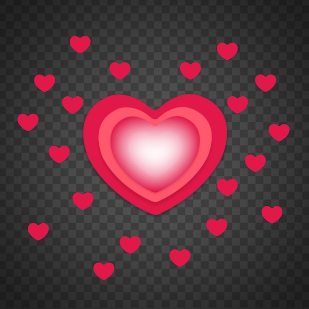 Corazón rojo radiante con centro brillante y mini corazones flotantes Diseño 3D del Día de San Valentín