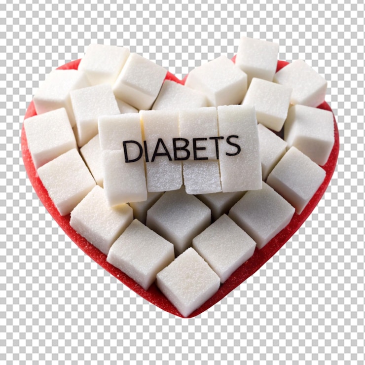 PSD corazón roto hecho de cubos de azúcar con la inscripción diabetes tipo 2 en fondo transparente
