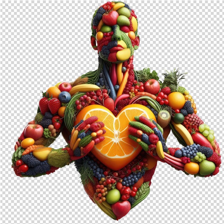 PSD el corazón de la salud ilustra la vitalidad con un corazón humano hecho de frutos