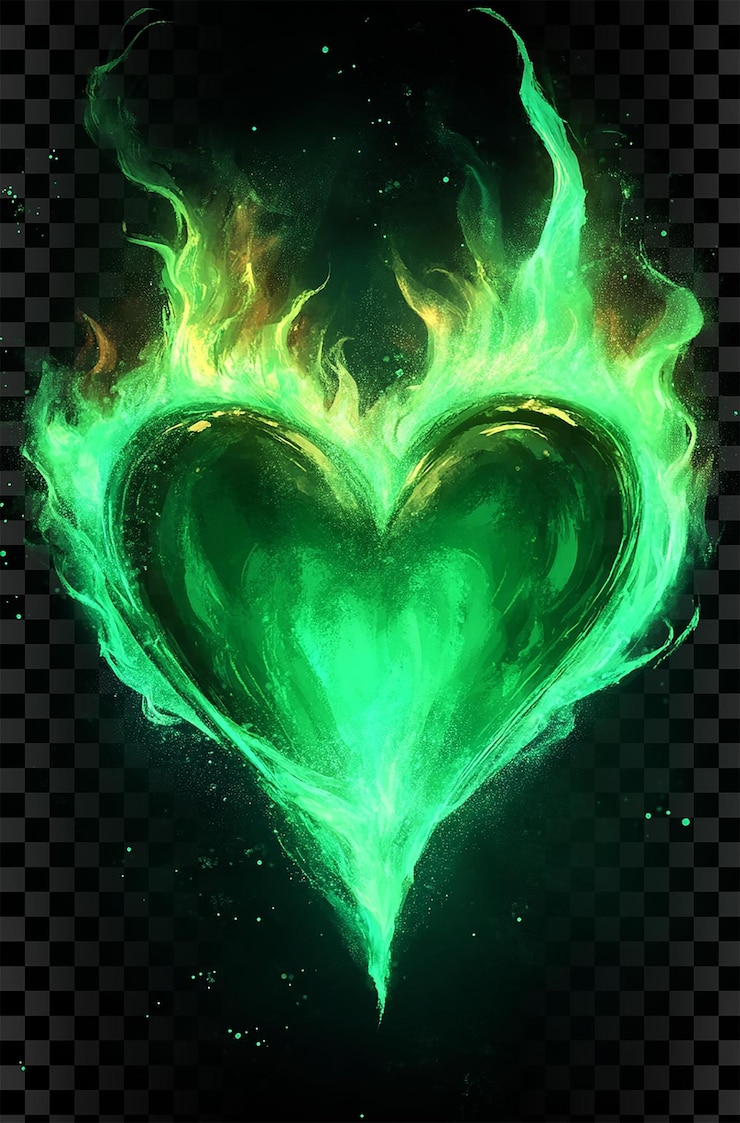 PSD el corazón verde en llamas brillando con llamas de esmeralda en un fondo transparente
