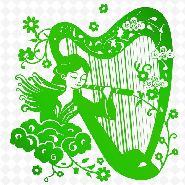 un corazón verde con una mujer tocando el arpa