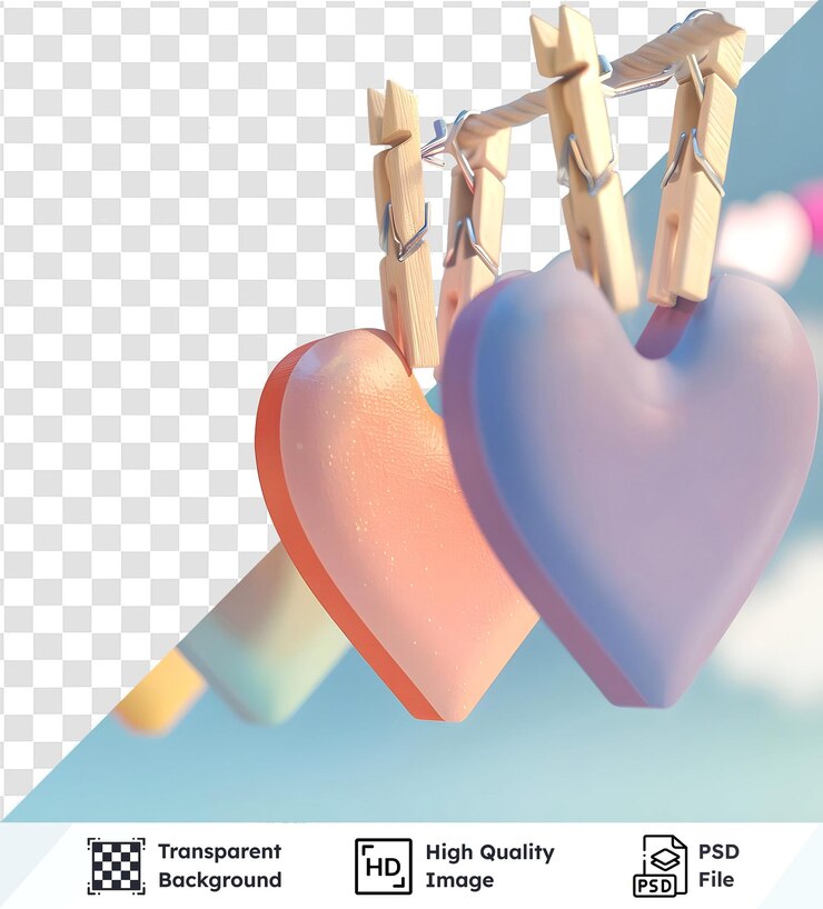 PSD corazones coloridos colgando de un cordón de la ropa con un fondo transparente