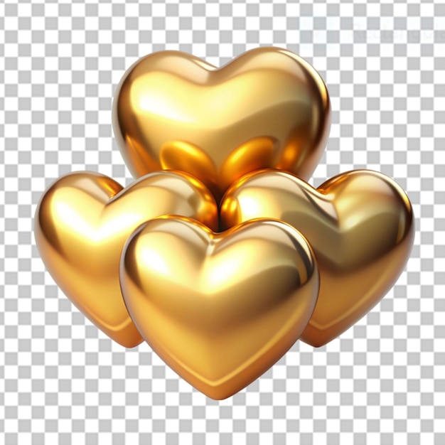 Corazones dorados en 3D sobre un fondo transparente