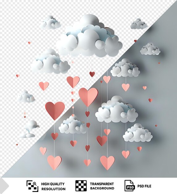 PSD corazones de papel y nubes maqueta en una pared blanca png psd