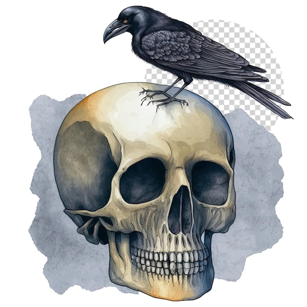 Corbeau dessiné main aquarelle sur le crâne