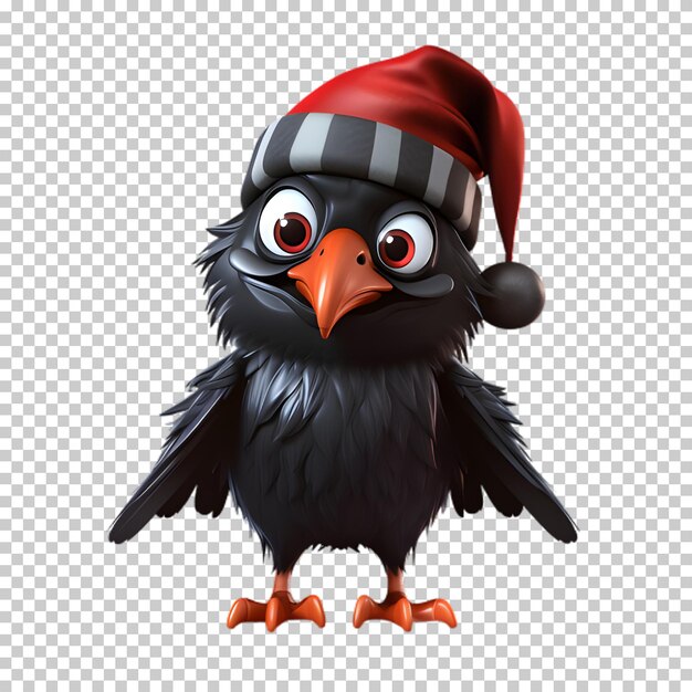 PSD un corbeau drôle et mignon portant le chapeau du père noël pour l'illustration de noël à fond transparent