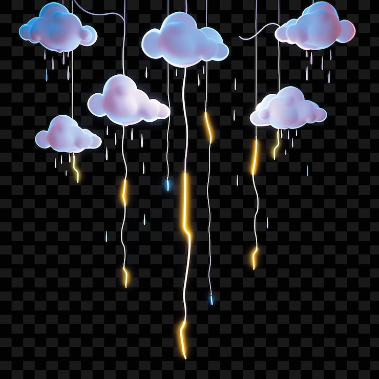 PSD corda decorativa dibujada a mano nubes y gotas de lluvia los rayos de neón golpean a lo largo de la cuerda sof
