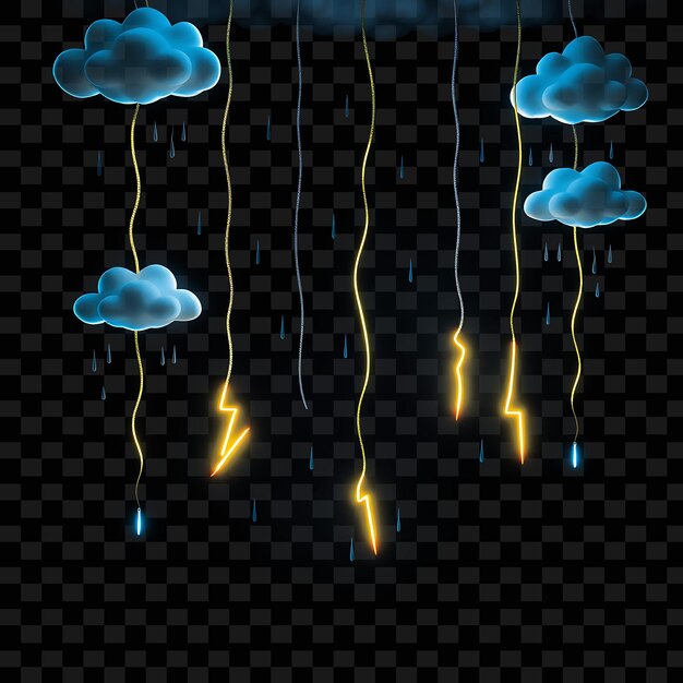 Corda decorativa dibujada a mano Nubes y gotas de lluvia Los rayos de neón golpean a lo largo de la cuerda Sof
