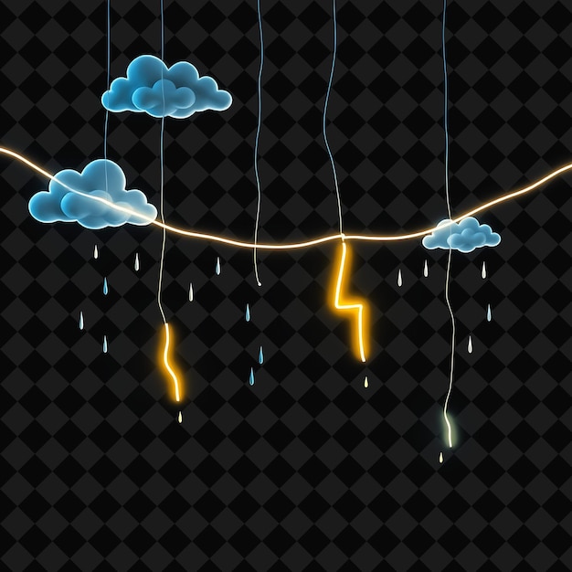 Corda decorativa dibujada a mano Nubes y gotas de lluvia Los rayos de neón golpean a lo largo de la cuerda Sof