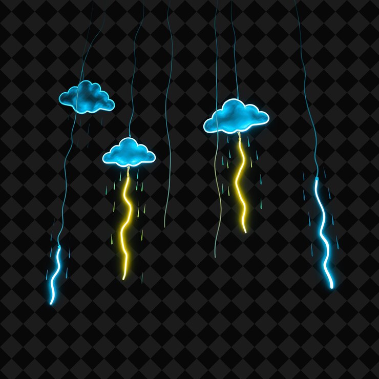 PSD corda decorativa dibujada a mano nubes y gotas de lluvia los rayos de neón golpean a lo largo de la cuerda sof
