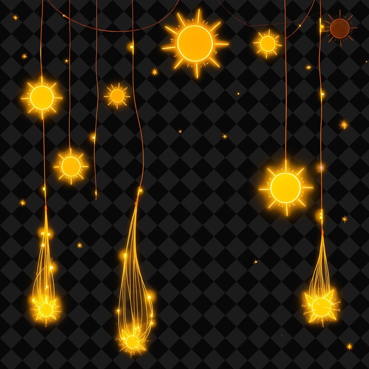 PSD corda decorativa estrelas brilhantes e pequenos soles neon brilha em amarelo dourado e laranja evocando t