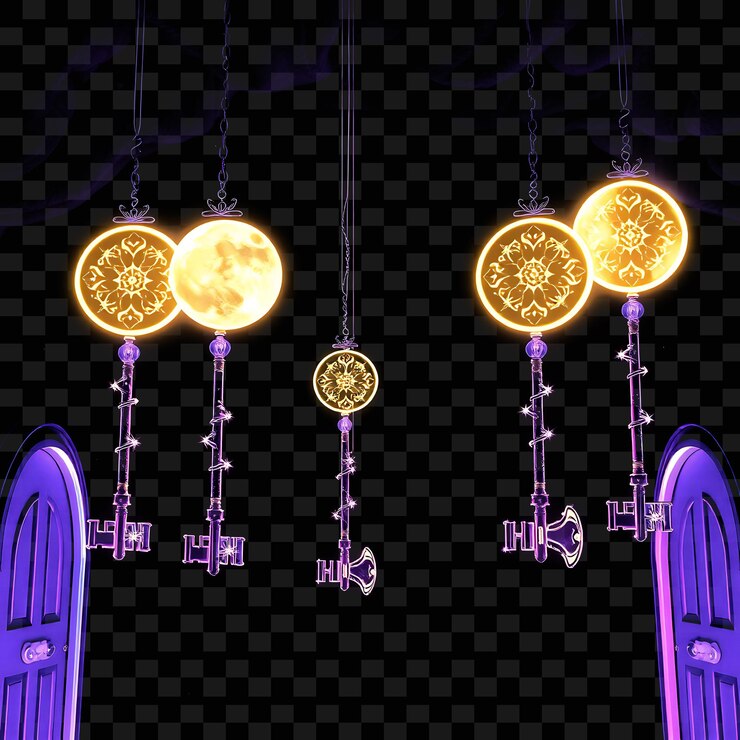 PSD corda decorativa llaves encantadas y lunas brillantes la luz de neón brilla de las llaves que desbloquean g