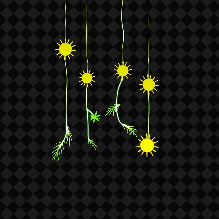 PSD corda decorativa pequeños soles y hojas de palma neón de color verde brillante y pulsos amarillos a lo largo de la cuerda