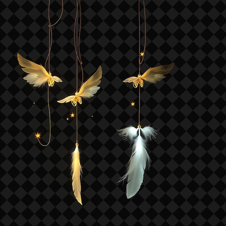 PSD cordas decorativas alas de plumas y estrellas flotantes la luz fluye por la cuerda bañando las plumas