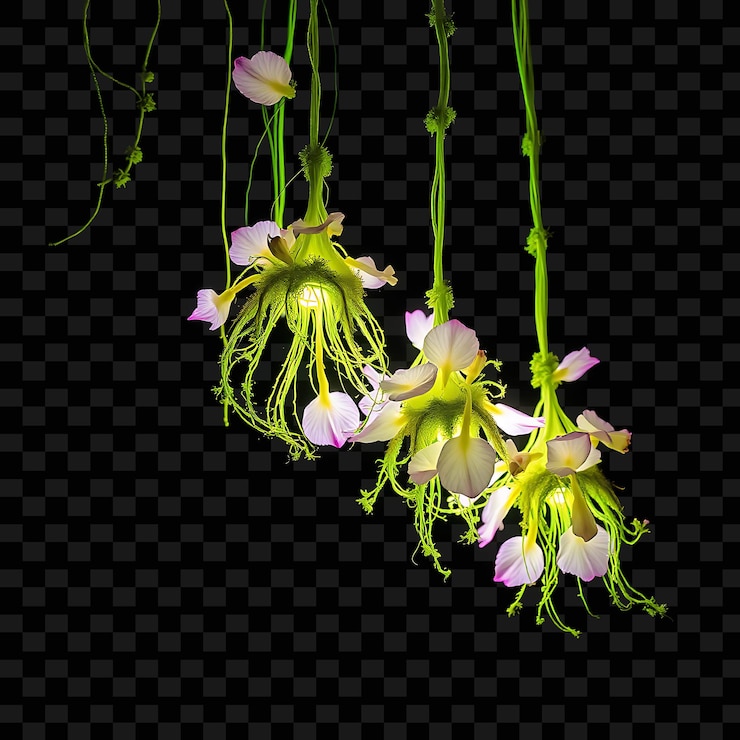PSD cordas decorativas de musgo e flores tecidas pétalas de néon pulsam ao longo da corda criando um de