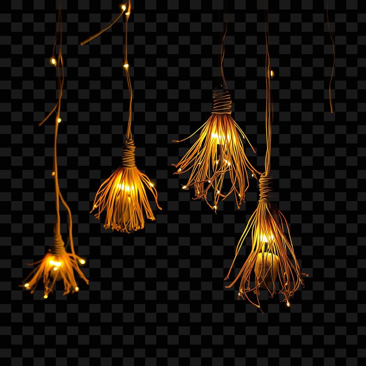 PSD cordas decorativas, hebras de mimbre y pequeñas piedras, luces de neón que parpadean a lo largo de las piedras.