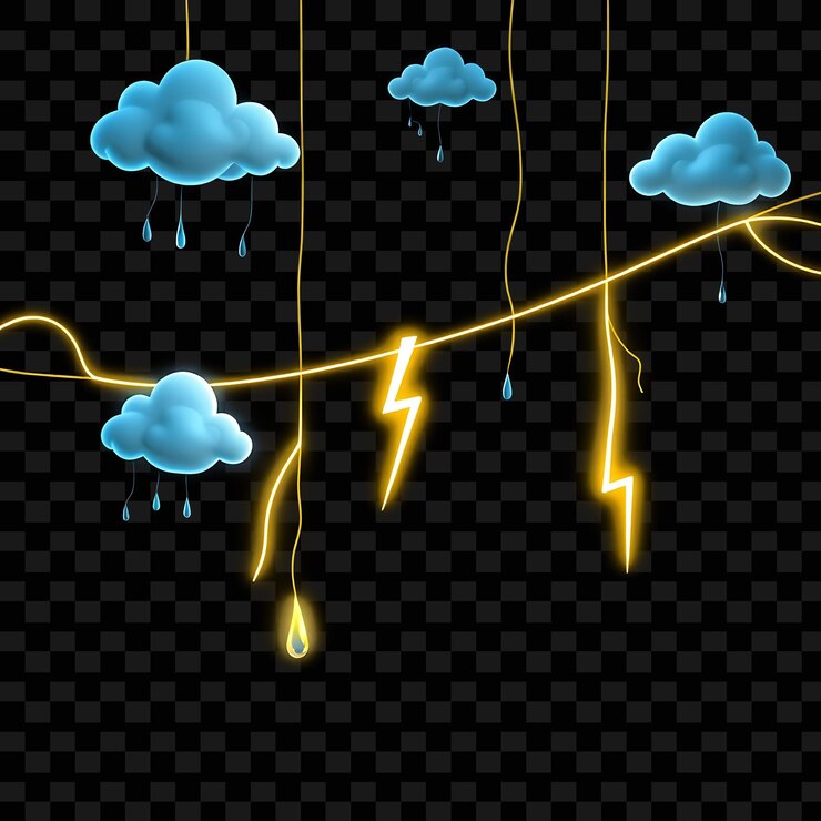 PSD cordas decorativas nubes de dibujos animados y gotas de lluvia relámpagos de neón golpean suavemente a lo largo de la cuerda