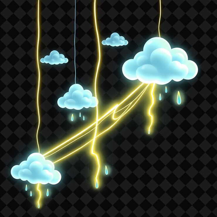 PSD cordas decorativas nubes de dibujos animados y gotas de lluvia relámpagos de neón golpean suavemente a lo largo de la cuerda