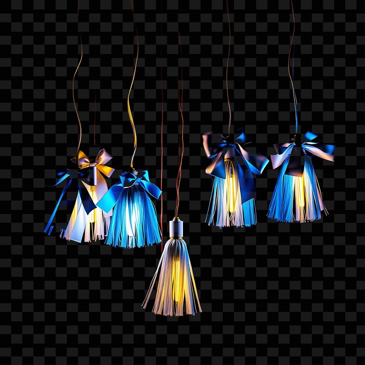 PSD cordas decorativas de satén cintas y sapphire tassels la luz de neón se refleja en las tassels lanzando un