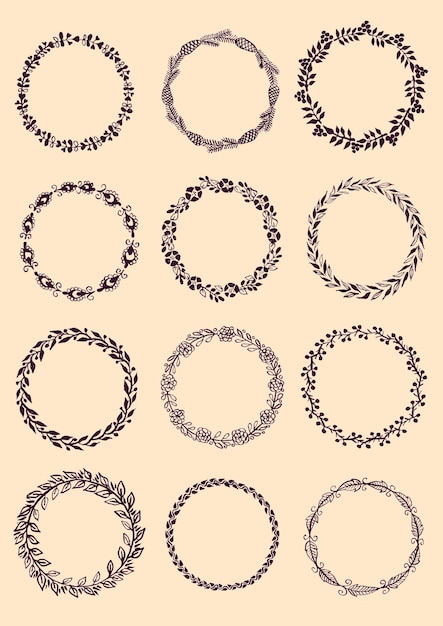 Cordeira desenhada à mão, molduras redondas de flores, linear