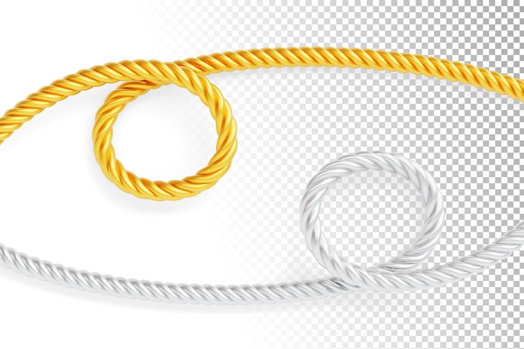 PSD des cordes de soie d'or et d'argent avec des boucles ou des nœuds 3d render set des cadres ronds de cordes de satin isolés des fils de couture décoratifs en or et en métal lient les frontières, les courbes et les cordes tordues illustration 3d