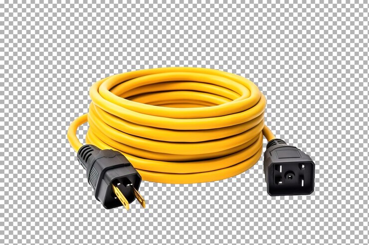 PSD cordón de extensión amarillo brillante bien enrollado sobre un fondo blanco que muestra versatilidad para uso en el hogar y al aire libre a cualquier hora del día