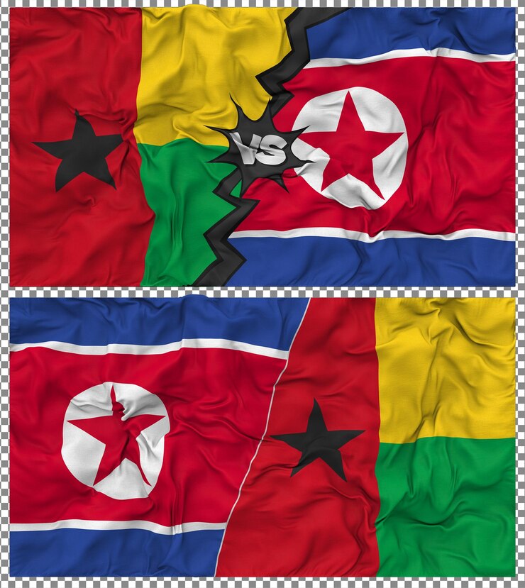 PSD corea del norte contra guinea bissau media bandera combinada con textura 3d de la tela