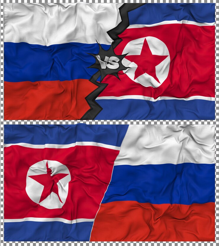 PSD corea del norte contra rusia media bandera combinada con textura en 3d