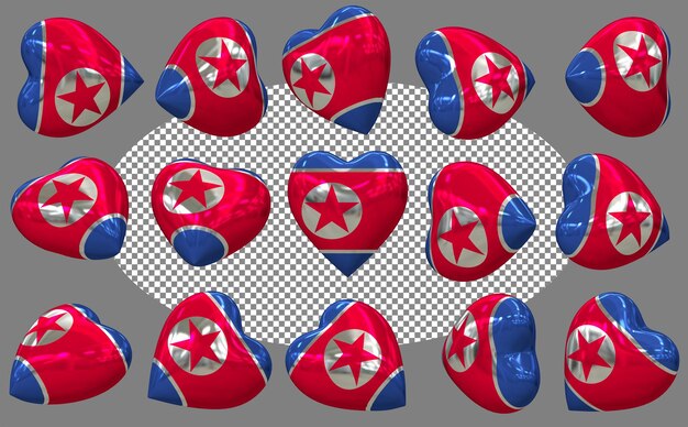 Corée du Nord 3D Drapeau du cœur isolé différentes positions Rendering 3D