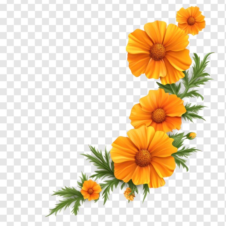 Corner style of orange marigold flowers 3D icon cartoon minimalist isolate on transparent background