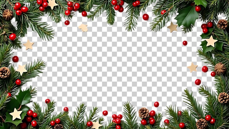 PSD cornice di natale con bacche rosse e un albero di natale su uno sfondo trasparente