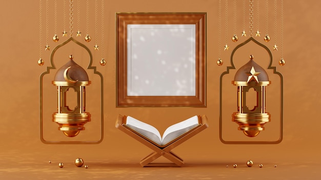 Cornice di rendering 3D mockup ramadan o lampada hari raya dell'Islam sinistra e destra