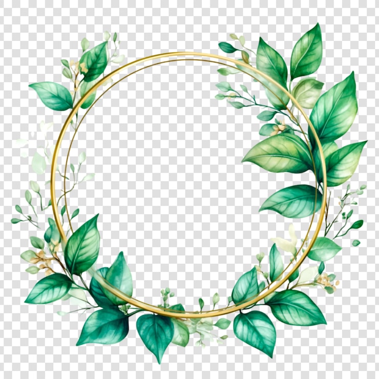 PSD cornice dorata con foglie tropicali su uno sfondo trasparente