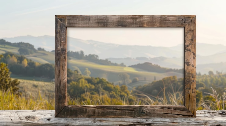 PSD cornice in legno su un tavolo rustico con vista su colline ondulate e un'alba nebbiosa