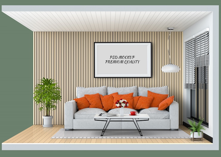 PSD cornice mockup mostra interni moderni soggiorno