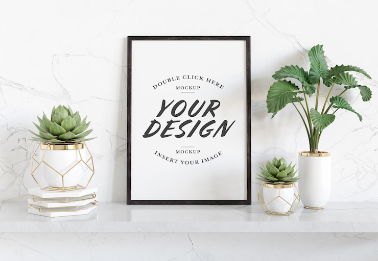 PSD cornice nera verticale posa su mensola mockup
