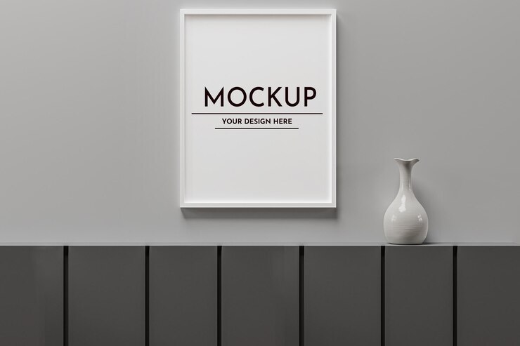 Cornice per foto vuota verticale 3D grigia minima Cornice per scrivania mockup Psd premium