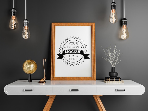 Cornice per pittura poster in soggiorno nero e mockup tavolo bianco PSD