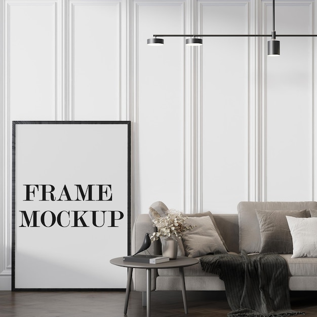 cornice per poster mockup appoggiata al muro